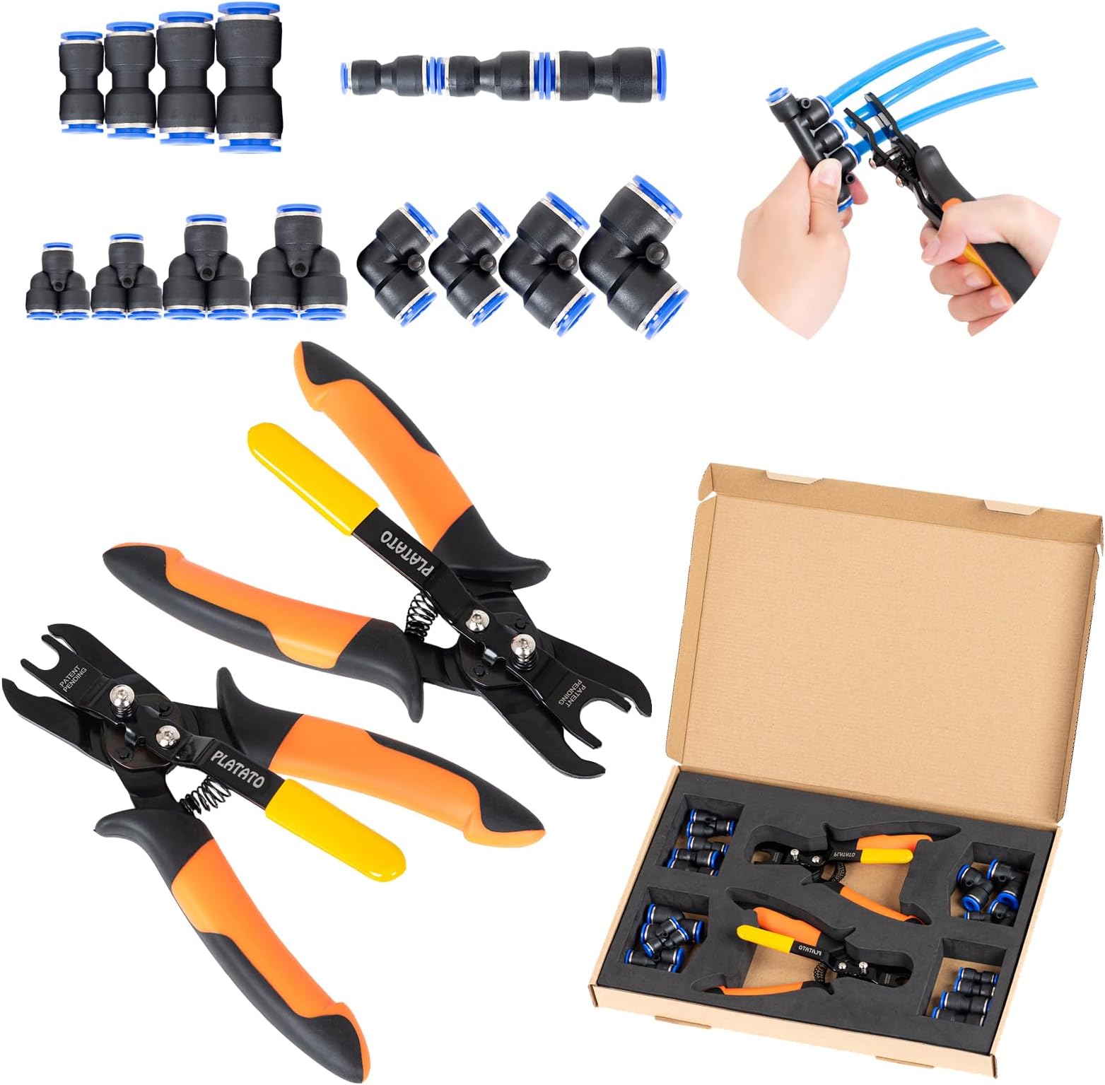 PLATATO Push to Connect Fittings Air Line Disconnect Tool Kit Push Fitting Removal Tool for 1/4”, 5/16”, 3/8”, 1/2” (6mm, 8mm,10mm,12mm) Quick Connect Release Pliers with 15 Pcs Pneumatic Fittings