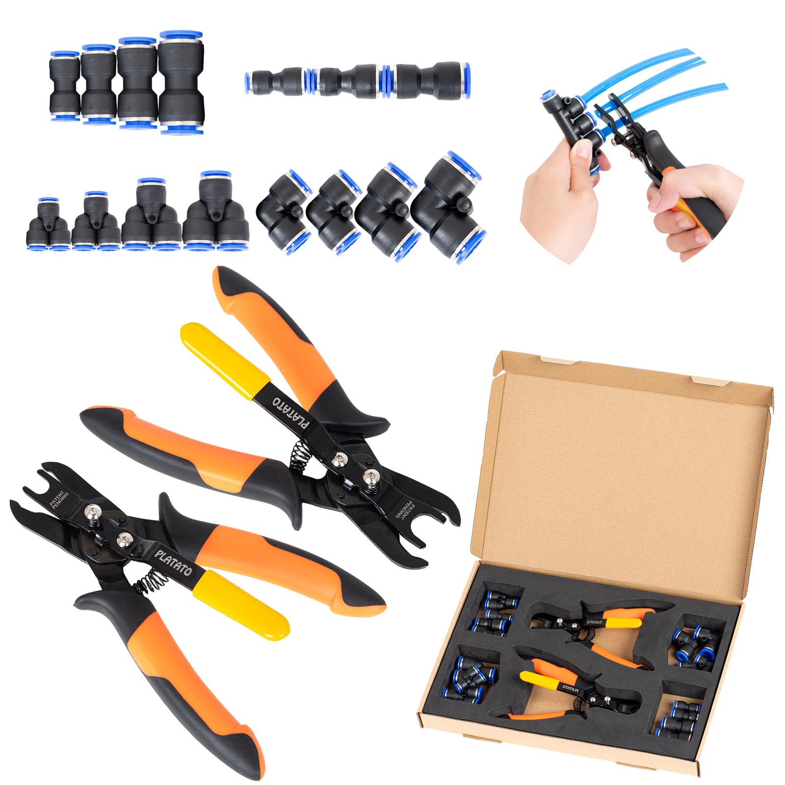 Push to Connect Fittings Air Line Disconnect Tool Kit Push Fitting Removal Tool for 1/4”, 5/16”, 3/8”, 1/2” (6mm, 8mm,10mm,12mm) Quick Connect Release Pliers with 15 Pcs Pneumatic Fittings
