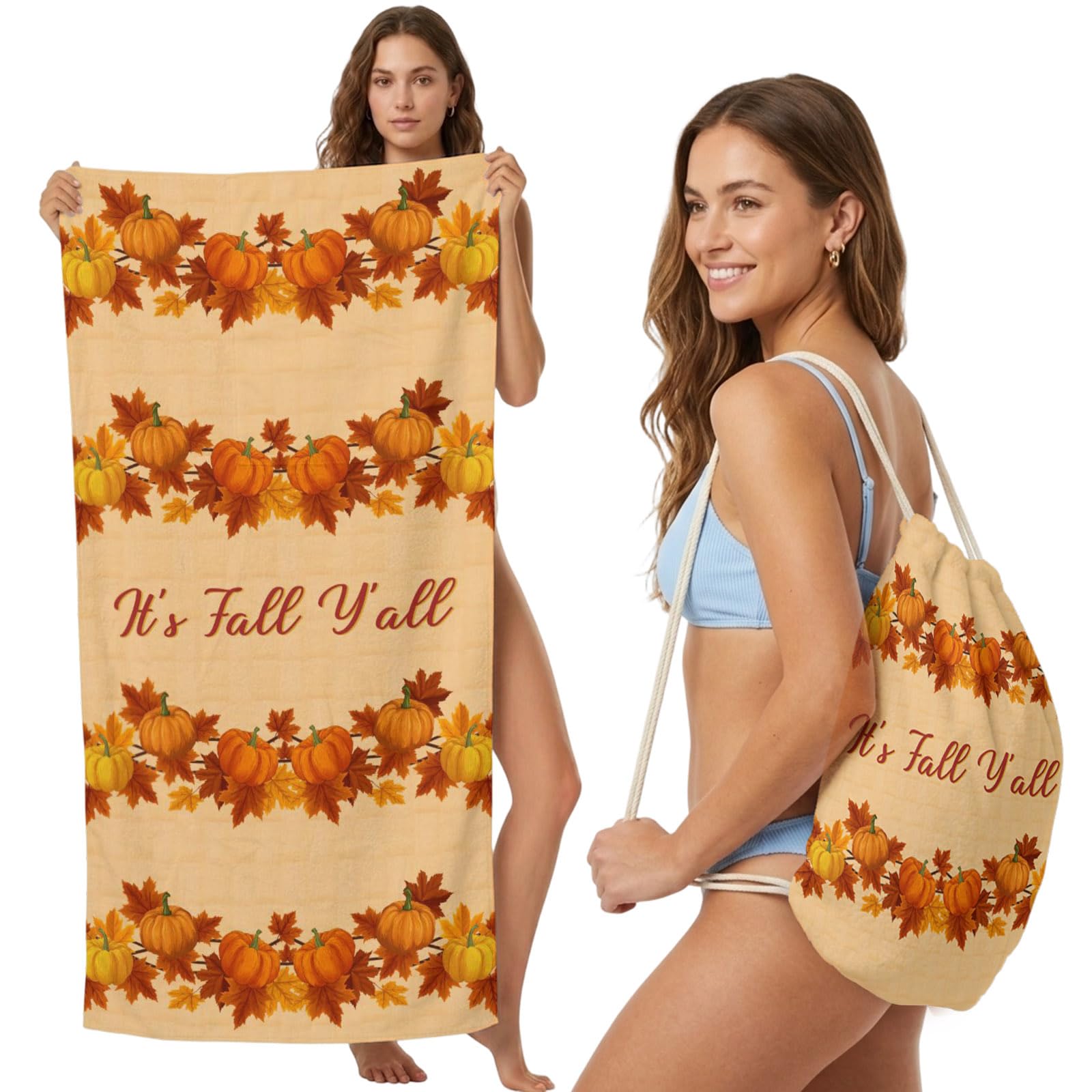 2-in-1 Beach Towel Backpack,Fall Maple Leaf Thanksgiving Pumpkin Bath Towel with Built-in Storage Orange Leaves Vines Convertible Foldable Beach Blanket for Travel Pool Gym Camping Swim,31x63in