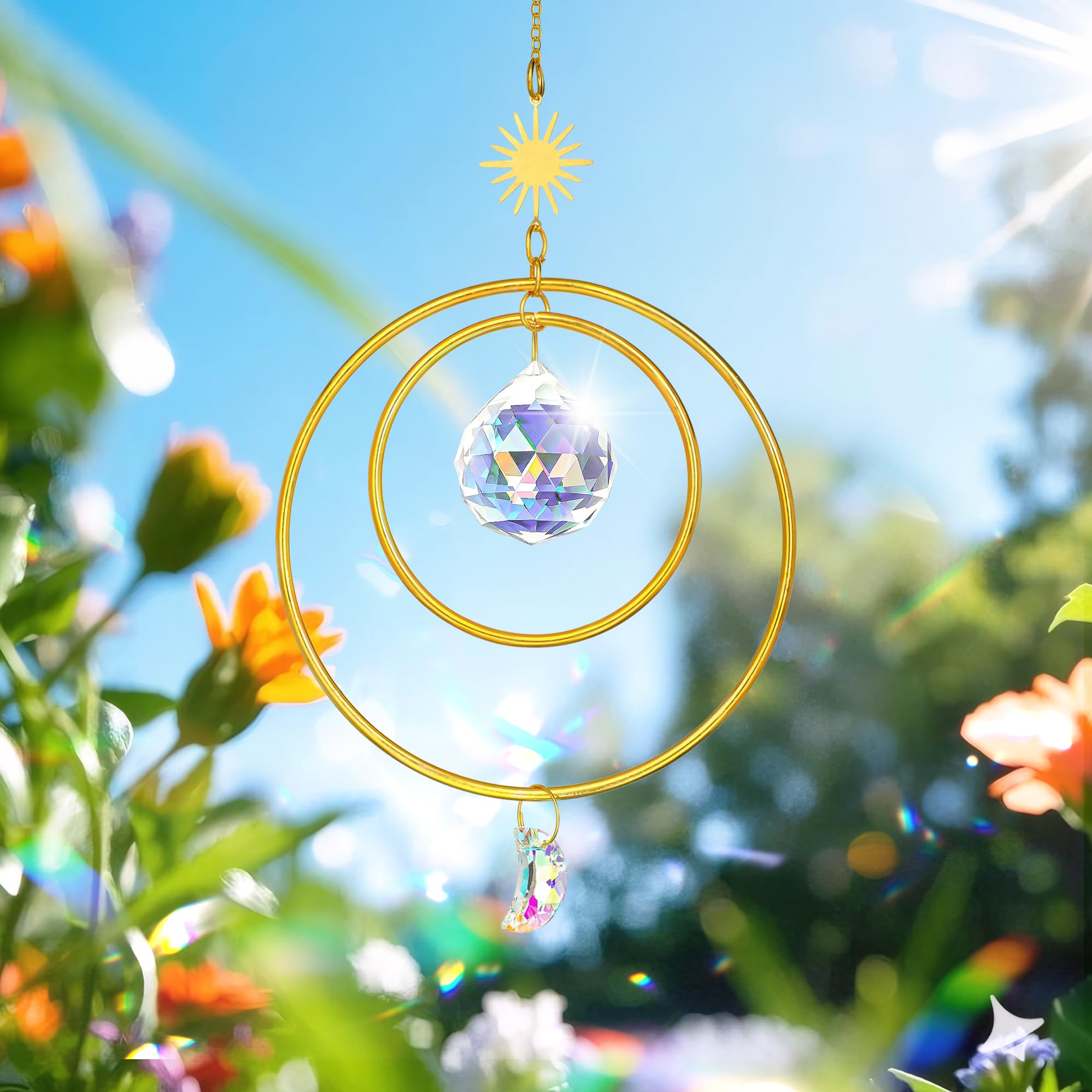 H&D HYALINE & DORA Gold Crystals Suncatcher Crystal Moon Sun Catchers Indoor Window Suncatchers Rainbow Maker Glass Ball Prism Sun Catcher with 2