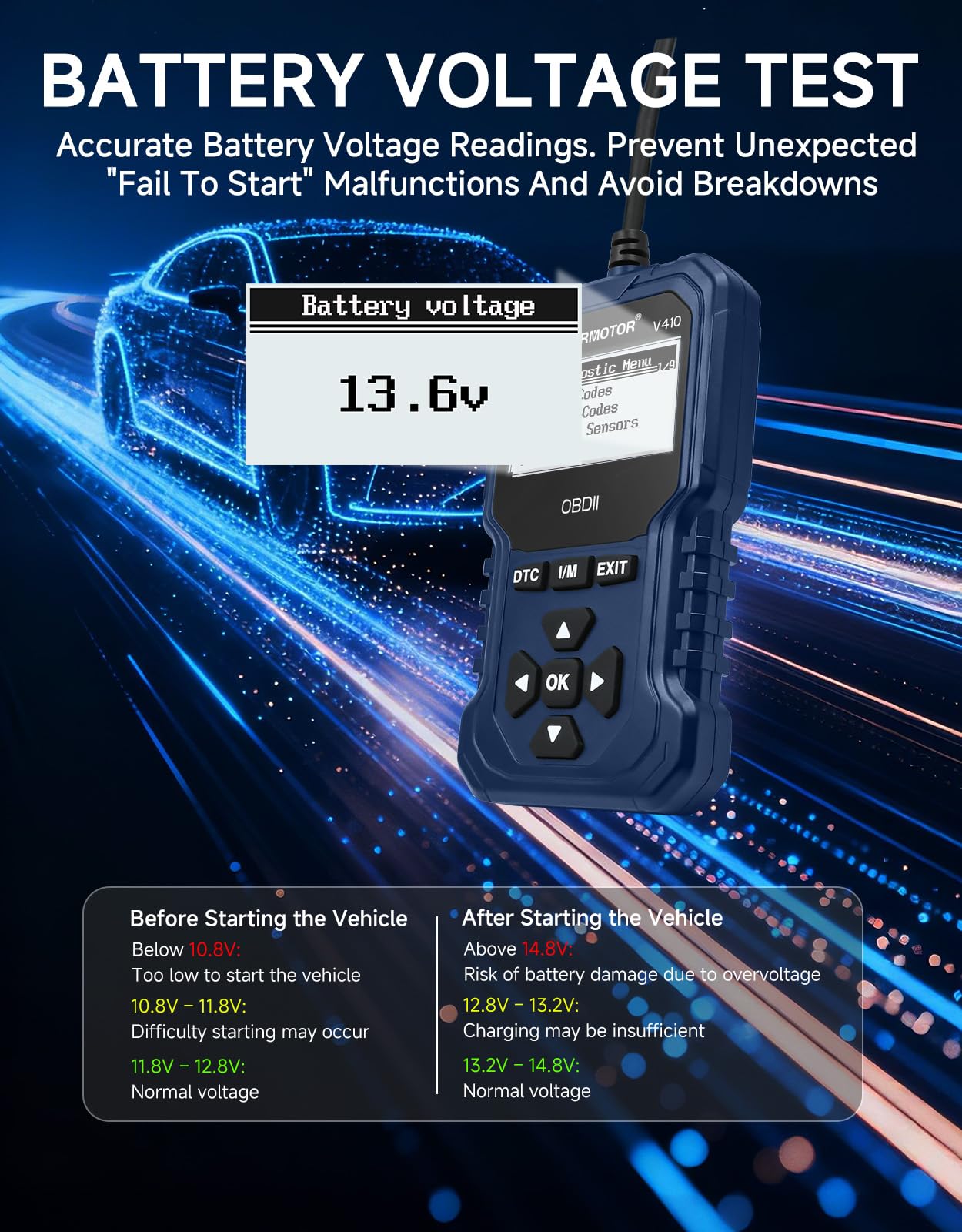 V410 OBD2 - Lector de código de escáner para coche, herramienta de diagnóstico con luz de comprobación del motor, datos gráficos en vivo, prueba de humo I/M, prueba de voltaje de la batería