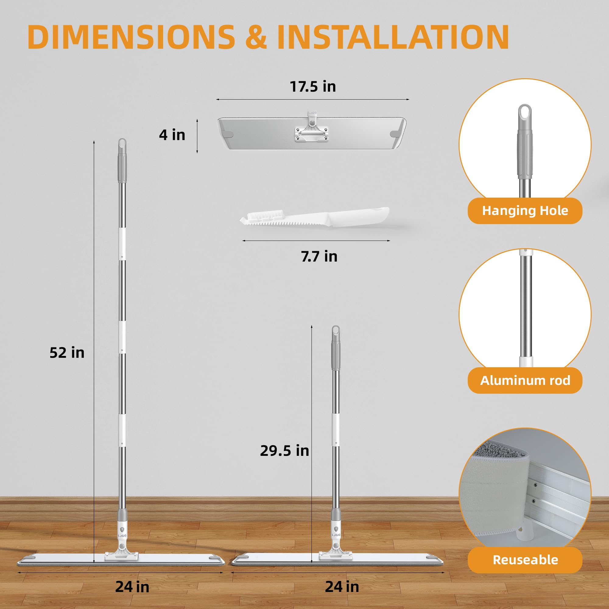 Mopas de Microfibra para Limpieza de Suelos, Herramienta de Limpieza de zócalos de 24 Pulgadas, mopa Plana para Piso Laminado de Madera Dura, Azulejos de Vinilo, mopa de baño y Cocina con 4