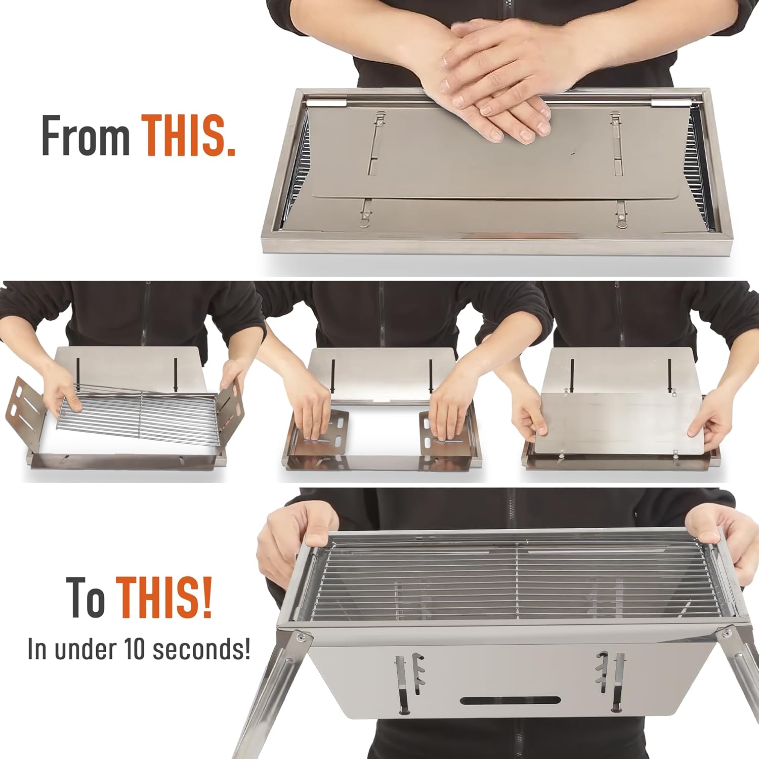 FoldNGo Portable Charcoal Grill with 6 Skewers - Stainless Steel Foldaway Grill for Camping, BBQ, Tailgating, Picnics - Instant Assembly, Includes Gloves & Carry Bag