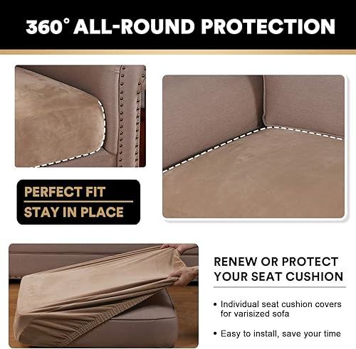 Miniatura 7 de Fundas elásticas de terciopelo para cojín de sofá, juegos de fundas súper elásticas para sofá individual (marrón, 3 piezas)