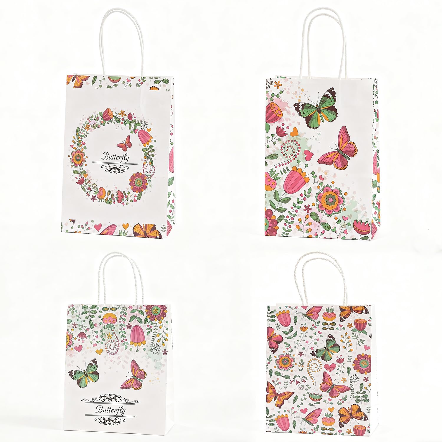 VstarOne 12 PCS Butterfly Pattern Kraft Candy Bags, Party Gift Bags with Handles for Christmas Party Supplies, Wedding, Thanksgiving Day, 4 Butterfly