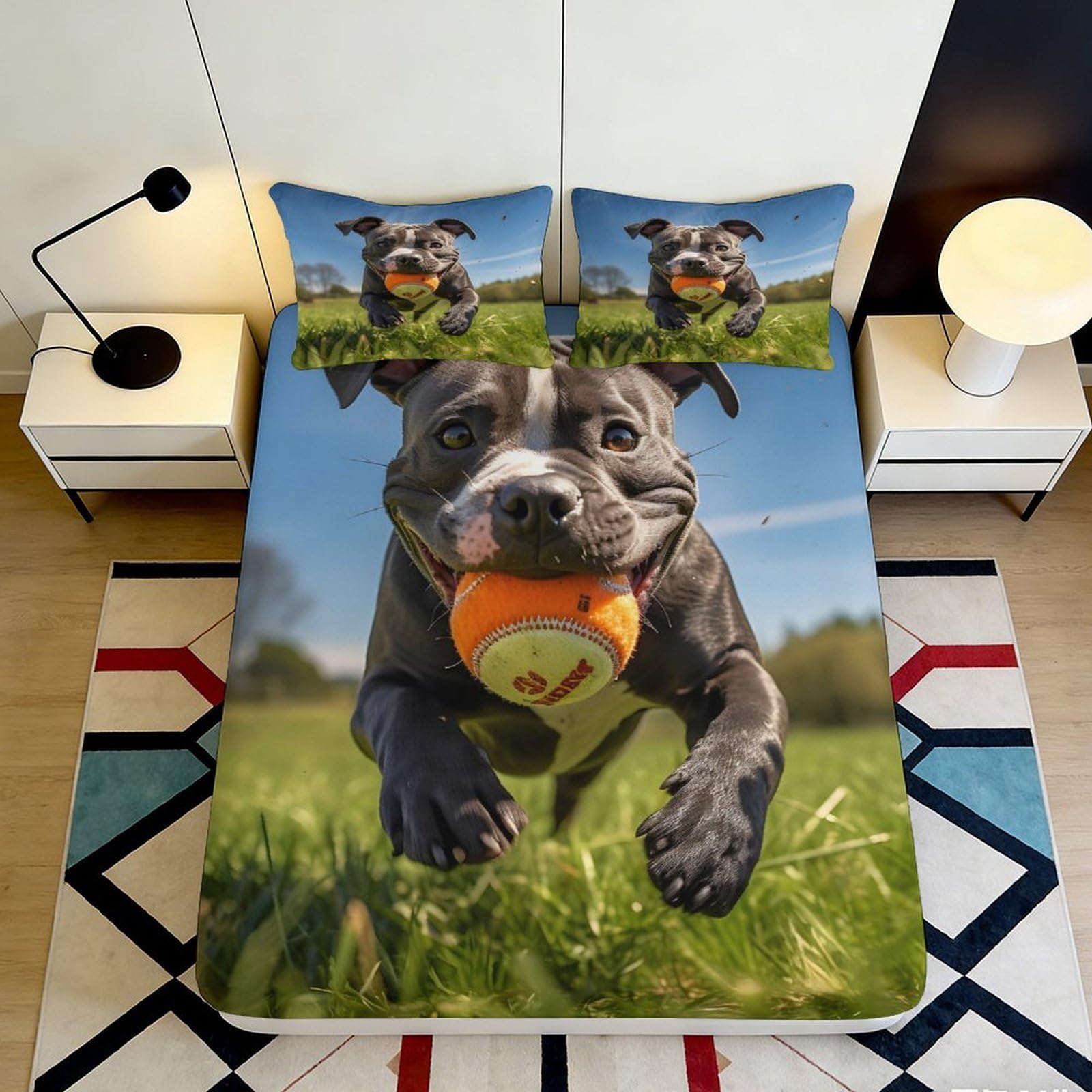 3D Printed Playful Dog Fitted Sheet Microfiber Anti-Slip Bed Cover for Bedroom Guestroom Decor Machine Washable 120x200x25cm