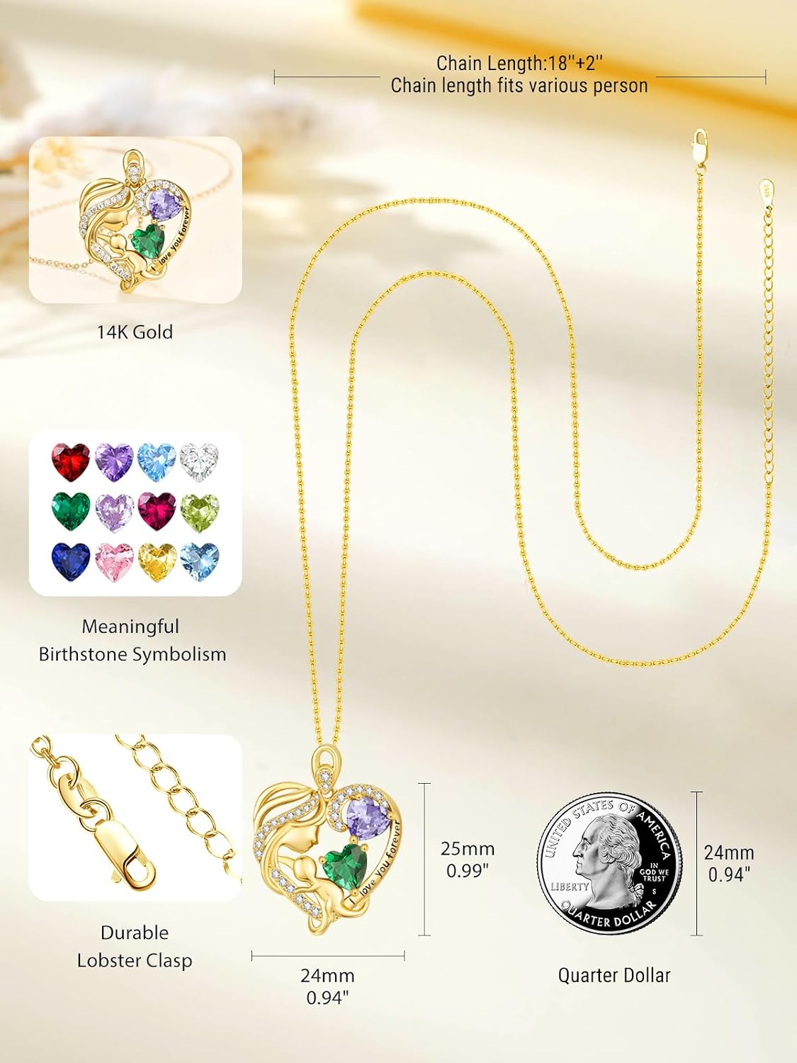 14K Gold Double Birthstone Heart Necklace for Women Mom, Mother Son/Daughter Pendant Necklace for Christmas Mother's Day Birthday Gifts for Wife Daughter Grandmom
