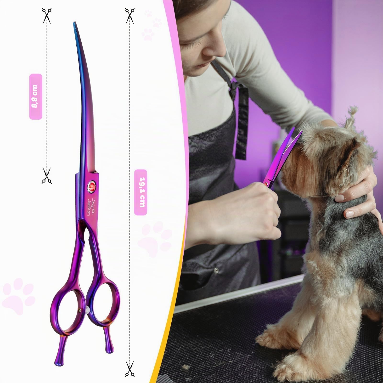 JASON Profesional curvada tijeras para perros - 7.5" tijeras de peluquería canina de acero inoxidable japonés tijeras de peluquería de mascotas tijeras para perros gatos (curvada hacia abajo, púrpura)