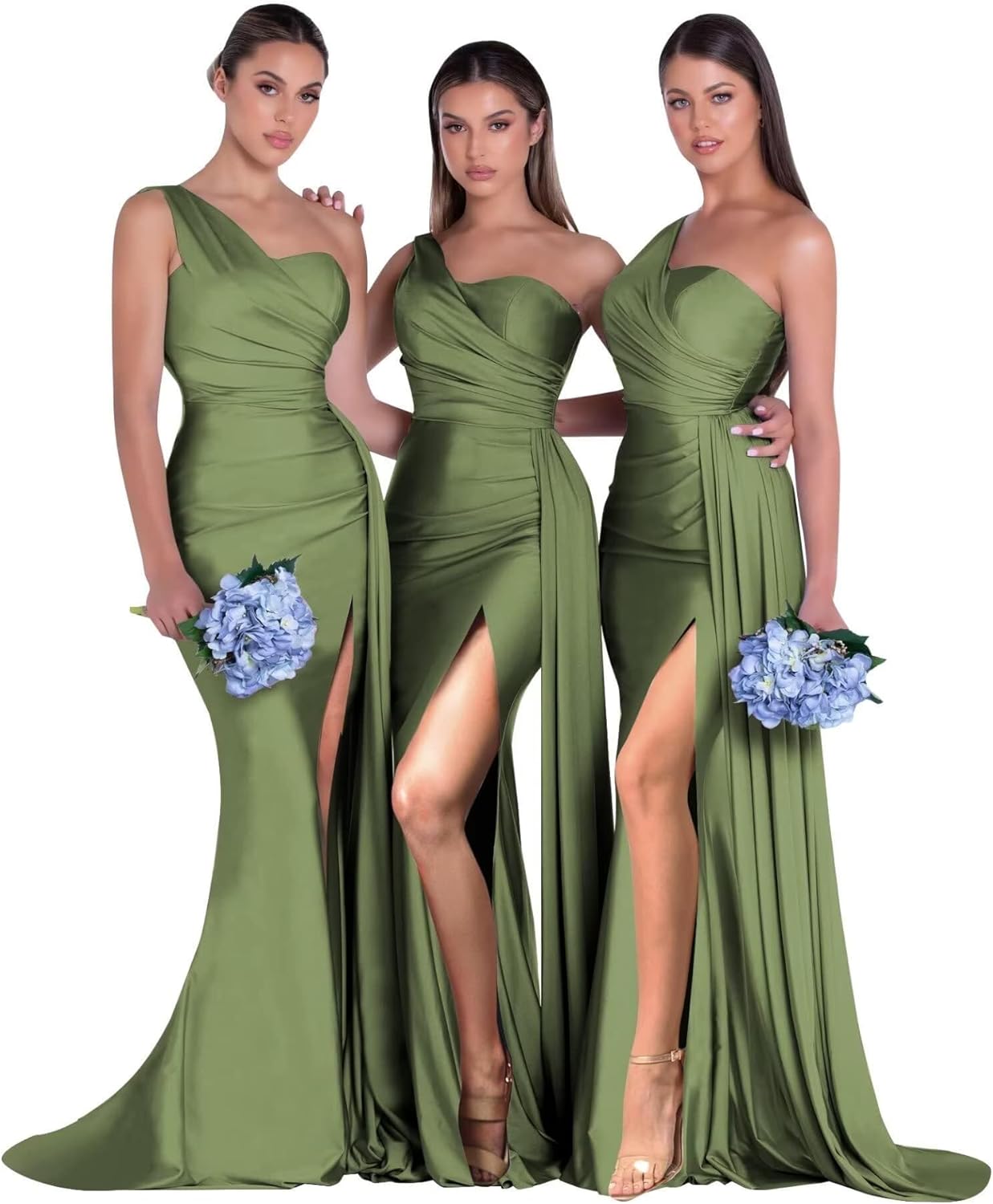 One Shoulder Satin Bridesmaid Dresses for Women Mermaid Long Prom Dress Sleeveless Formal Evening Gown with Slit