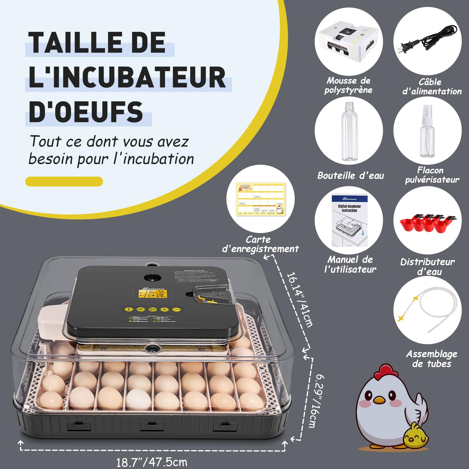 Sailnovo Couveuse 56 Oeufs Incubateur Oeuf Automatique avec Retournement Automatique des Oeufs et Humidification Automatique, Parfait pour les laboratoires, les écoles et les fermes, Gris
