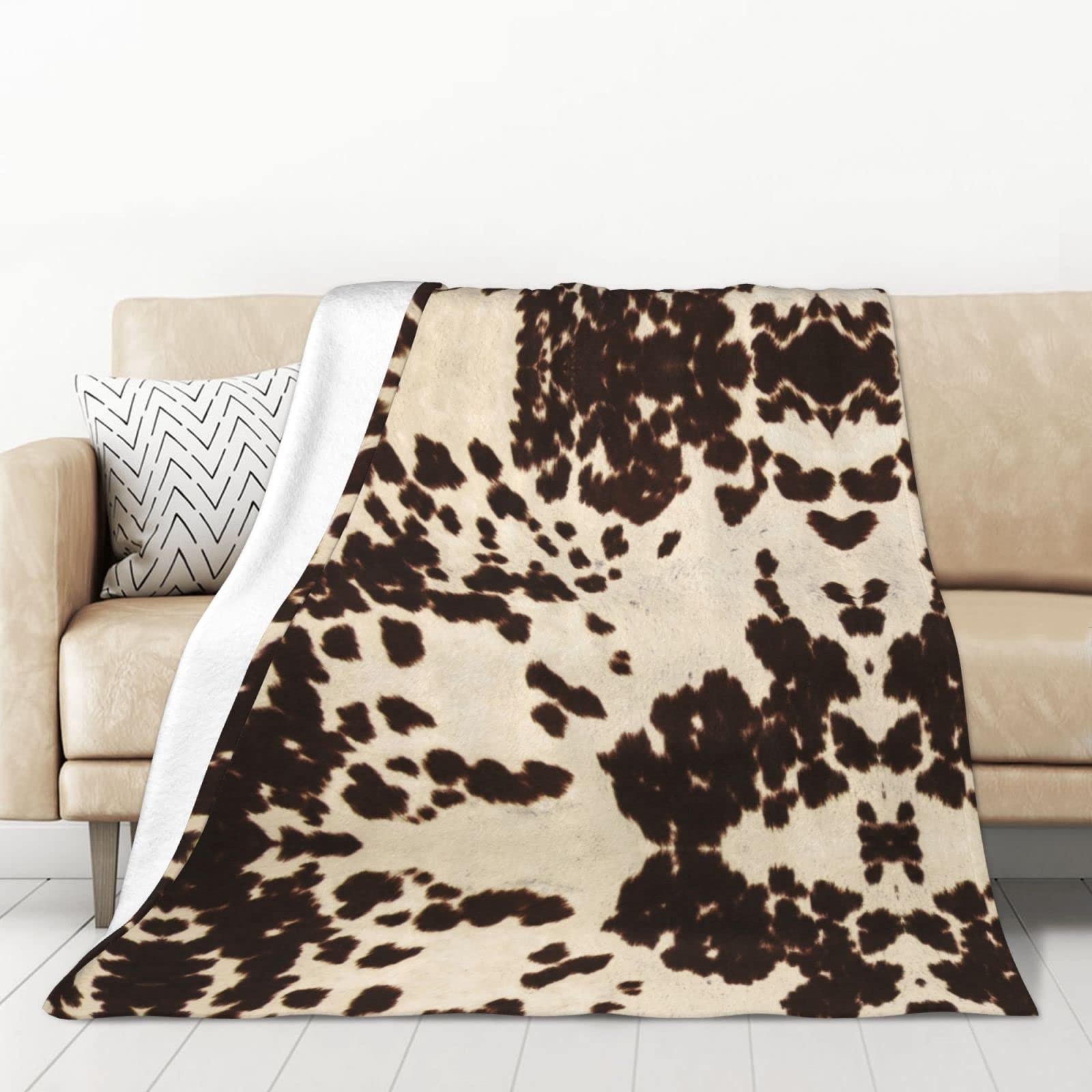 Couverture flanelle marron imprimé vache douce et chaude pour canapé, lit et chambre 127x178