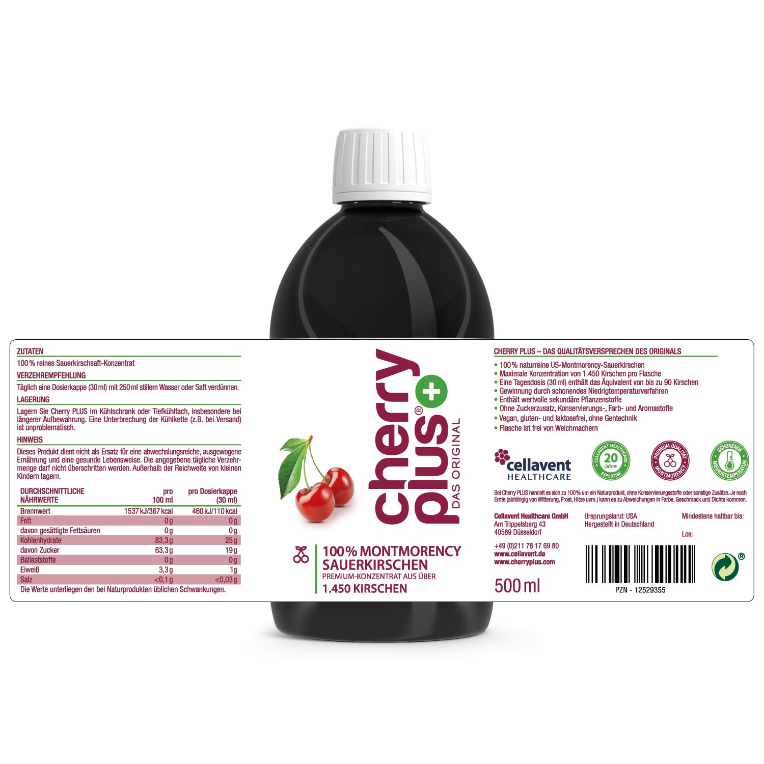 Concentré de cerises aigres Montmorency US - Hautement concentré - 1 450 cerises aigres Montmorency par bouteille (3 x 500 ml) - Cherry PLUS