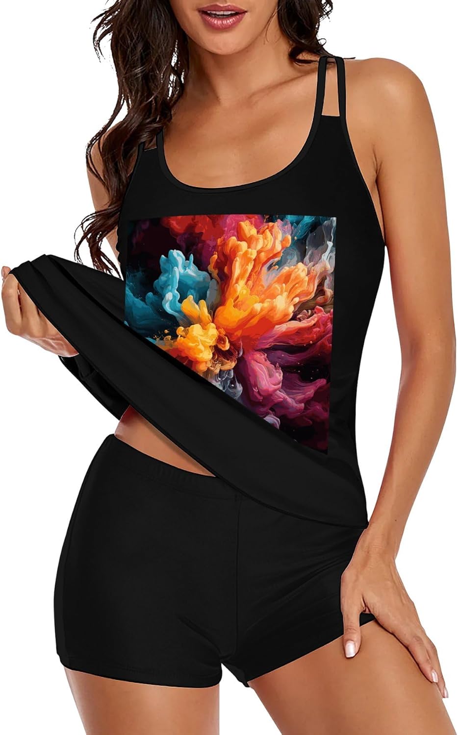 Bold Color Mix Tankini Swimsuits for Women Tummy Control Two Piece Bathing Suits Swim Tops with Boy Shorts