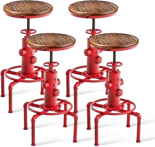 Juego de 4 taburetes giratorios de metal para encimera de cocina industrial vintage, altura ajustable de 23.6 a 29.5 pulgadas, de madera maciza,
