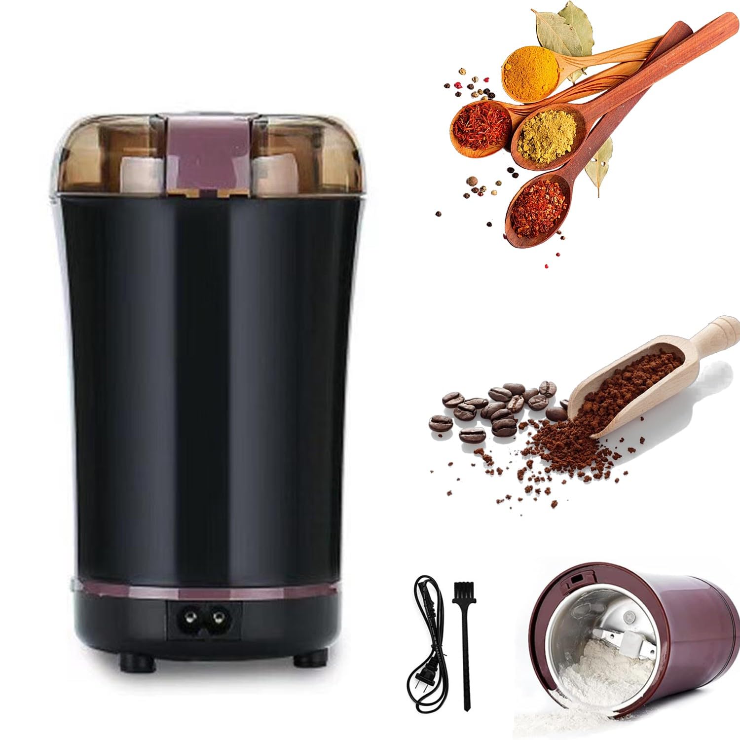 Macina caffè 150W, mini macina spezie con coperchio trasparente, funzionamento con una mano, schiacciapillole per uso domestico, per uso domestico black