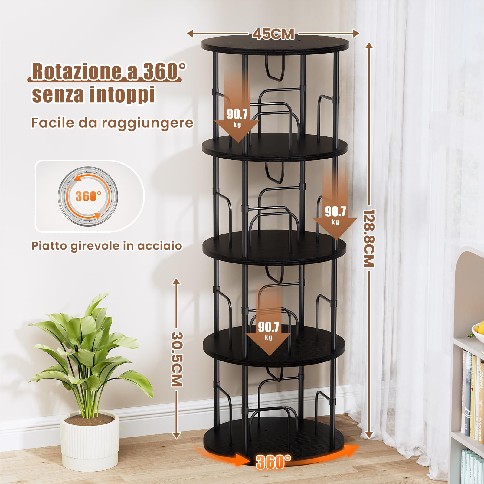 Libreria Girevole a 360° in Legno - 4 Ripiani Regolabili, Scaffale Verticale Portaoggetti per Uffici e Soggiorni, 45×45×129 cm, Nero