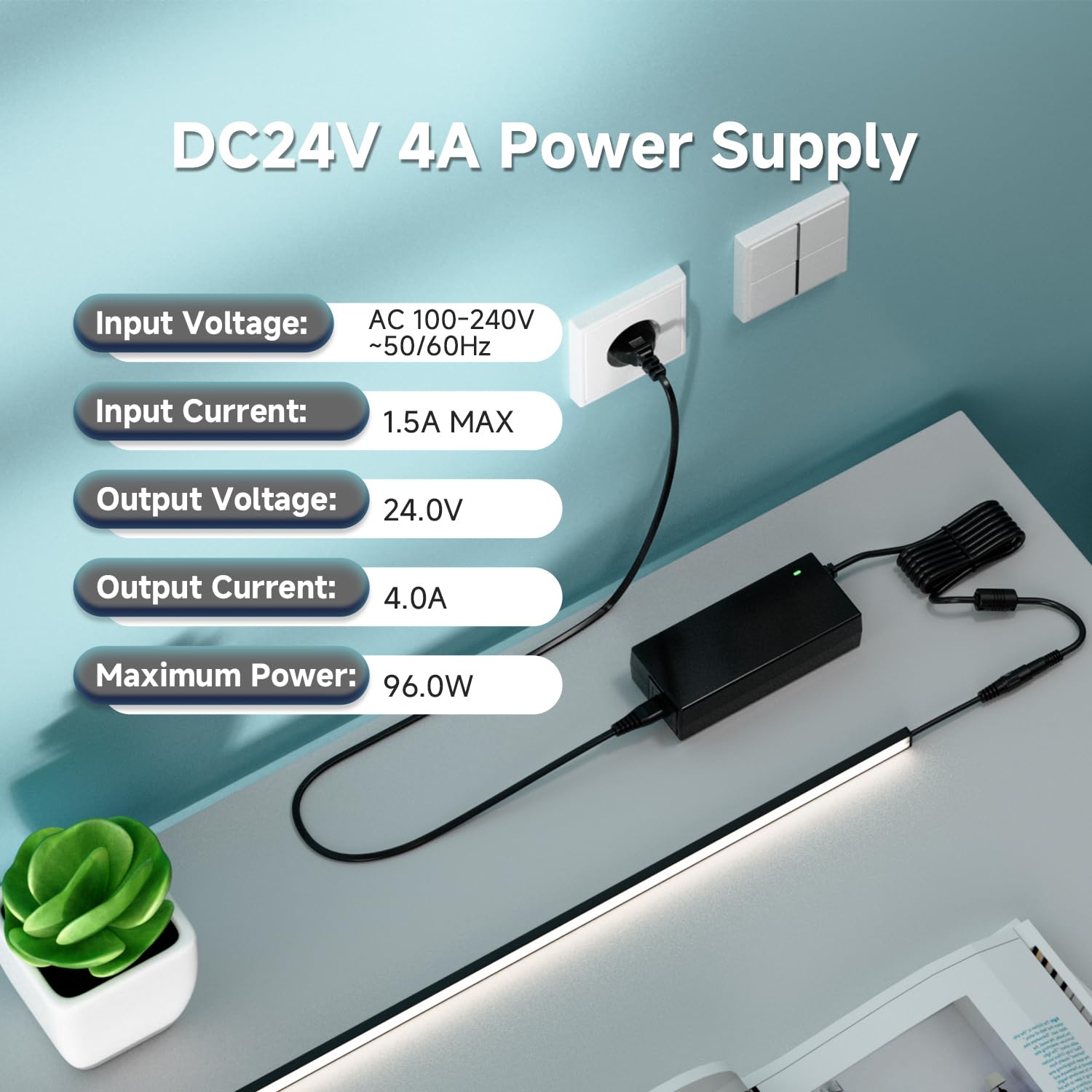 FCOB Adaptador convertidor de alimentación de 96W, 24V y 4A, de 100-240V AC a 24V DC, con conector de 5,5 x 2,1 mm para tiras de luces LED WS2811, WS2805, 5050, 3528, COB, RGBW y RGBCCT