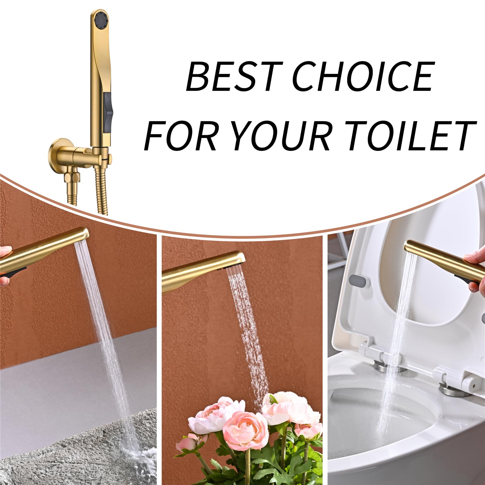 Kit Doccetta per Bidet Wc, 2 Modalità Kit Spruzzatore per Bidet, Tubo Doccia in Acciaio Inossidabile 1.2 M, Rubinetti per Bidet Con Supporto, per Igiene Personale Doccia Bagno WC (Oro spazzolato)
