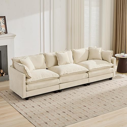 Miniatura 48 de Sofá seccional modular beige de 111.5", sofás seccionales grandes de 3 plazas para sala de estar, tela de chenilla marfil blanquecino, sofá nube de