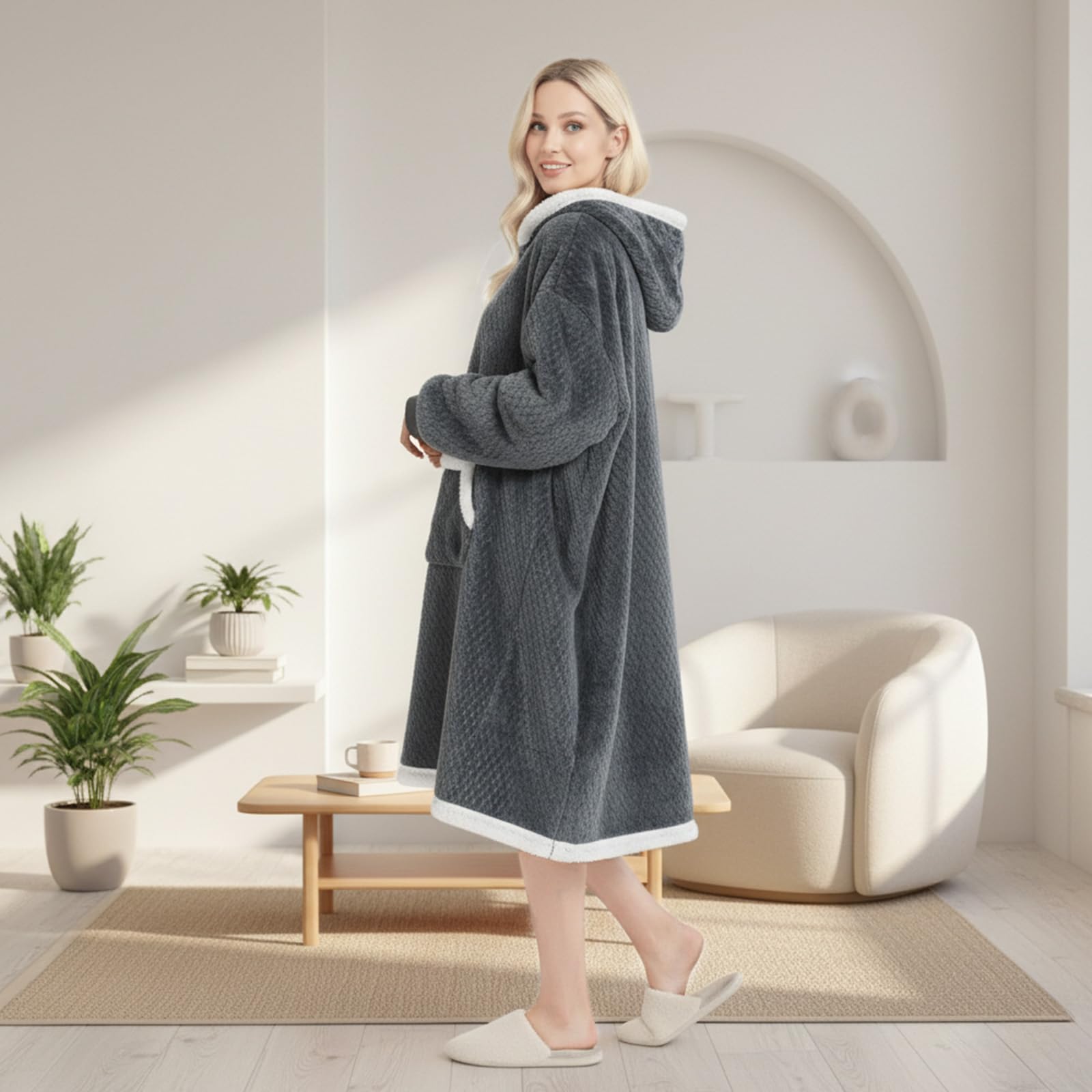 Coperta con maniche e cappuccio, coperta in pile con cappuccio con cerniera e tasche, grigio scuro, Taglia unica