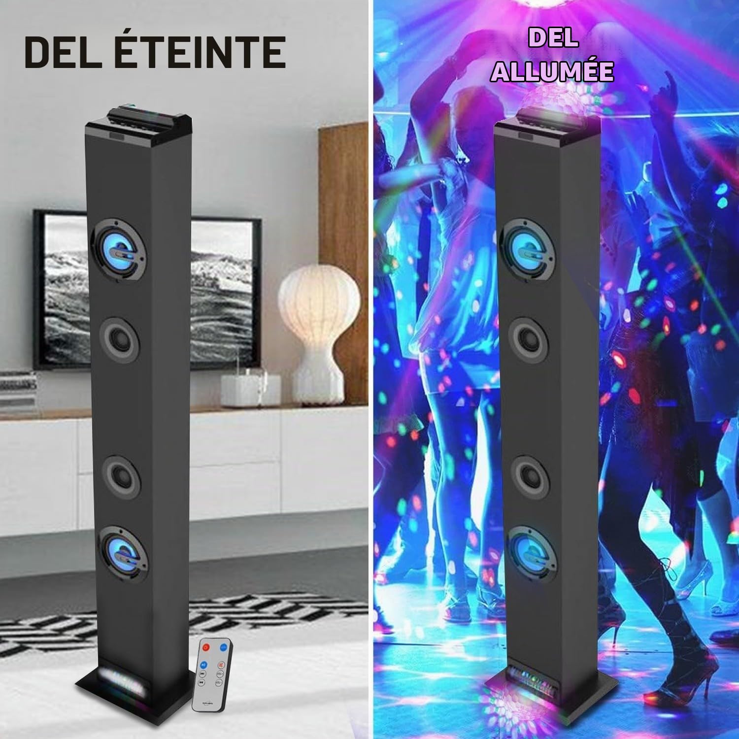 Tour de son INOVALLEY HP58BTH Lumière LED Multi rayons, Bluetooth, Radio FM, AUX 4x 15W, Télécommande, LED OVNI