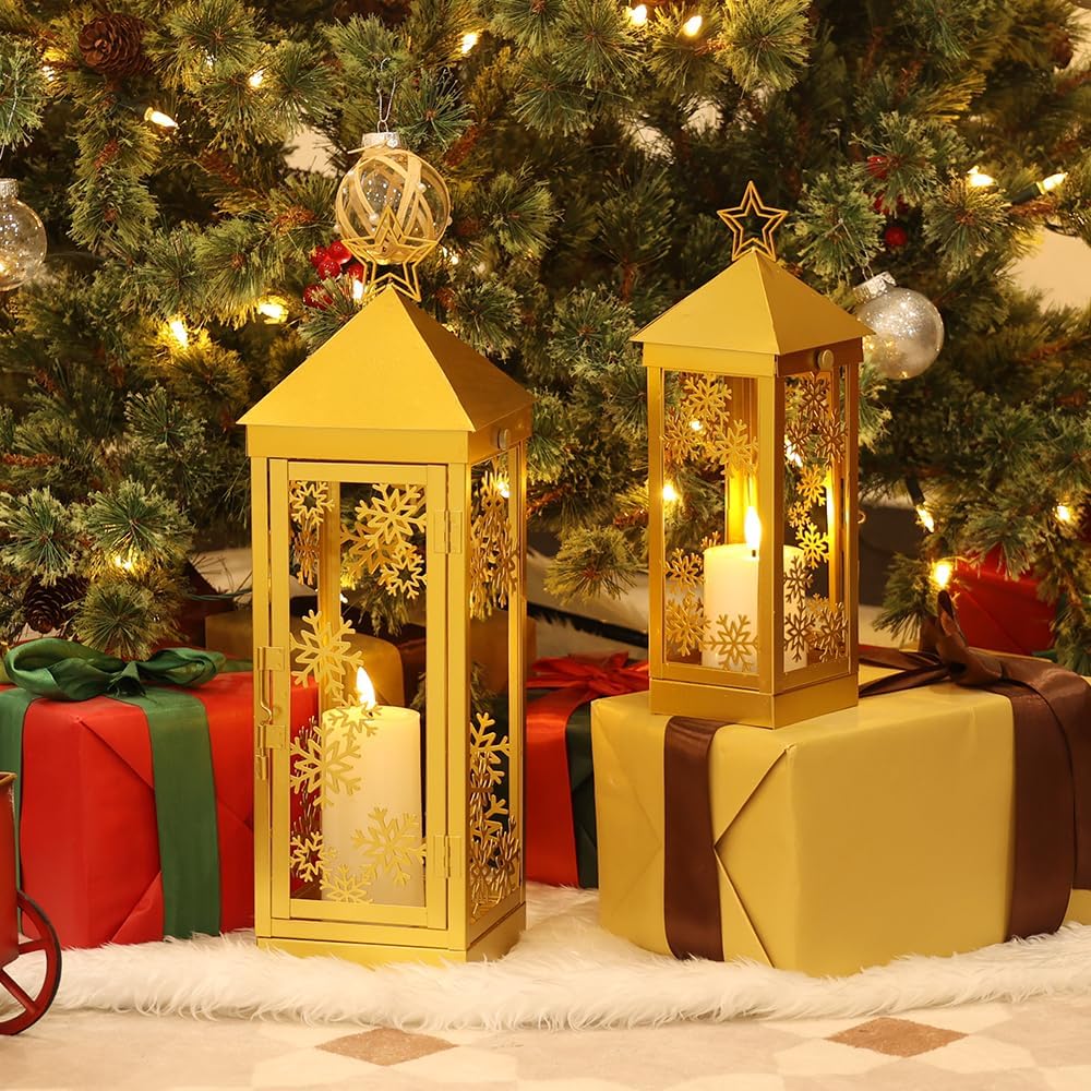 NEEDOMO Weihnachtsdekoration für Zuhause, dekorative Weihnachtslaterne, Innen- und Außenbereich, Metall-Kerzenhalter zum Aufhängen, mit Weihnachts-Schneeflocken, Sternen und LED-Kerze für