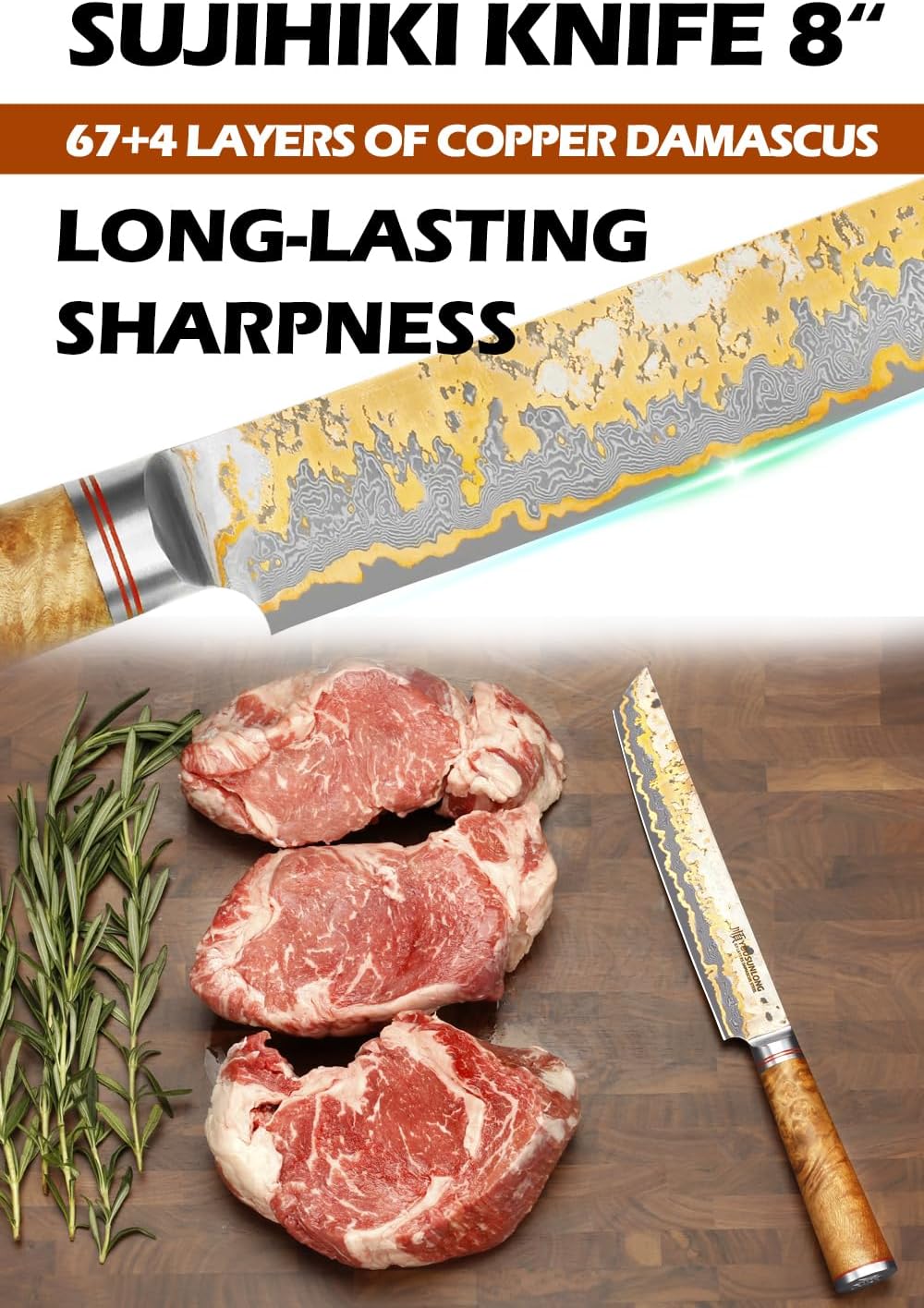 YOUSUNLONG Sashimi Slicing Knife - 8 Inch Sujihiki Yanagiba Knife - Super Sharp Slice - Japanese Handmade Copper Damascus Steel Blade - Naturel Burl Wooden Handle with Leather