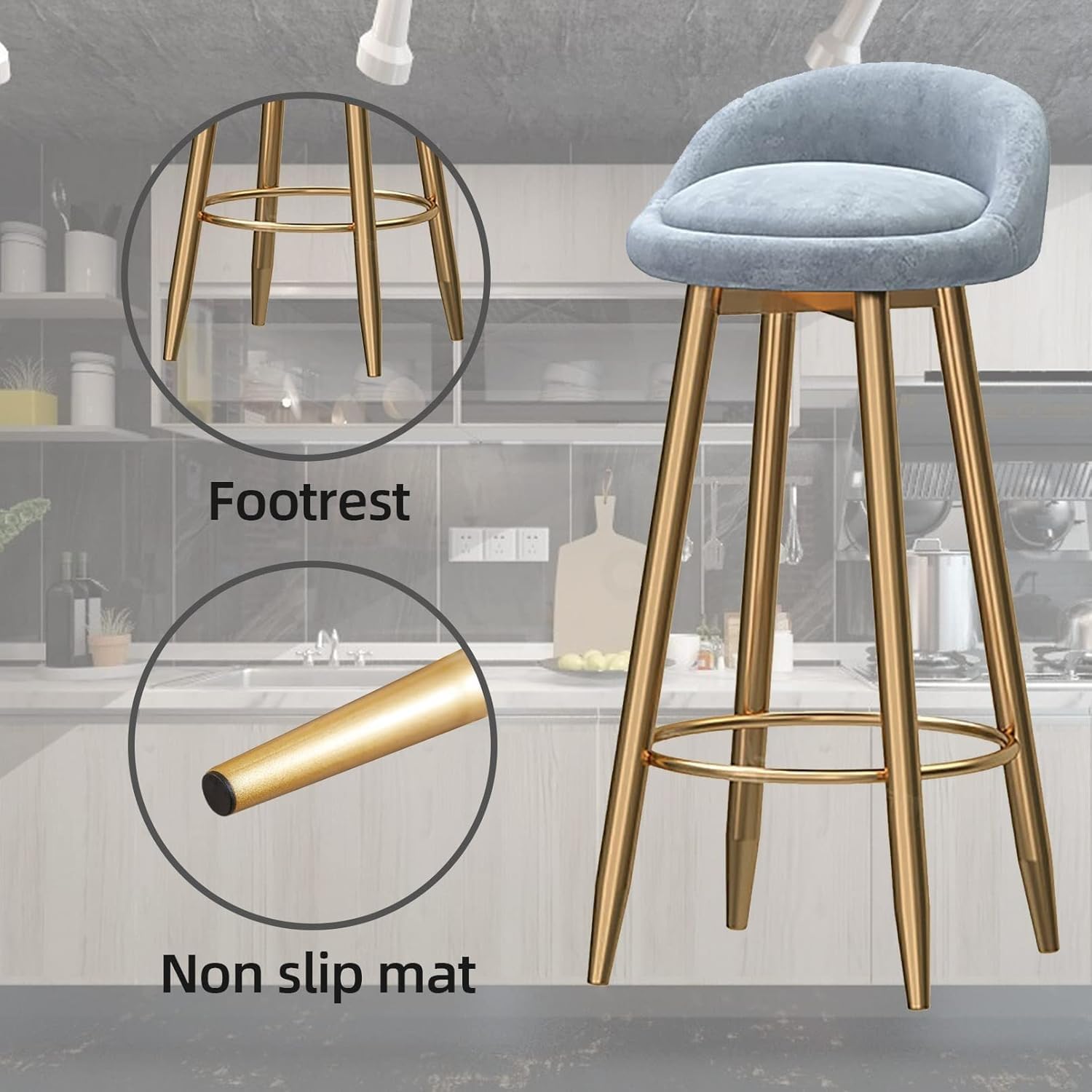 Zestaw 4 nowoczesnych stołków barowych z niskim oparciem, z różowym aksamitem, z podnóżkami, 65 cm i 75 cm, do kuchni, śniadania i wystroju domu. Komfort i styl.