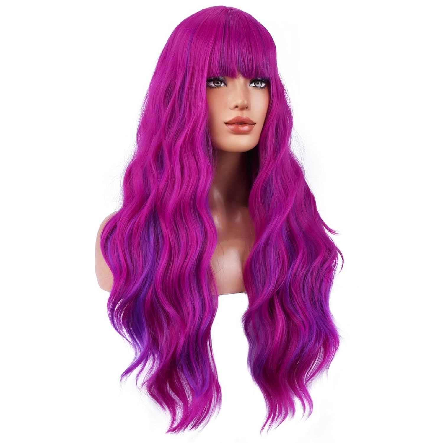BERON Rose and Purple Long Wigs Curly Wavy Women Pastel Wigs with Bangs Hot Pink Color Heat Resistant Synthetic for Cosplay or Daily Wigs Wig Cap Included - Image 3