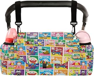 CUPADA Universal Baby Stroller Organizer Bag Cartoon Animal Alphabet, Stroller Organizers with Insulated Cup Holders Colorful Childish Detachable Shoulder Strap Storage Carrying Diaper and Snacks