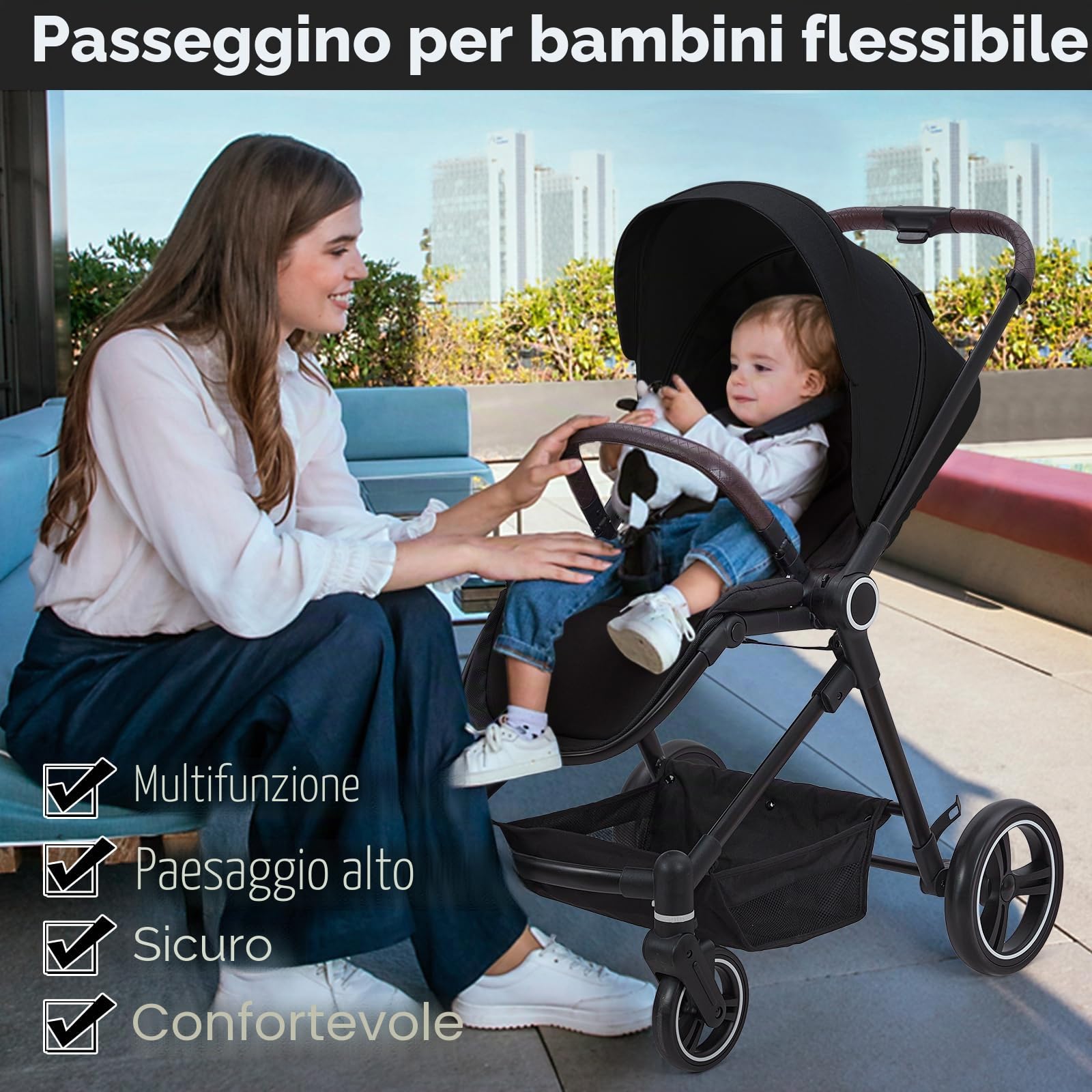 Passeggino, passeggino 3 in 1, set di passeggini con sedile sportivo, passeggino e seggiolino sportivo pieghevole con un clic, portatile, parapioggia, grande tettuccio estraibile