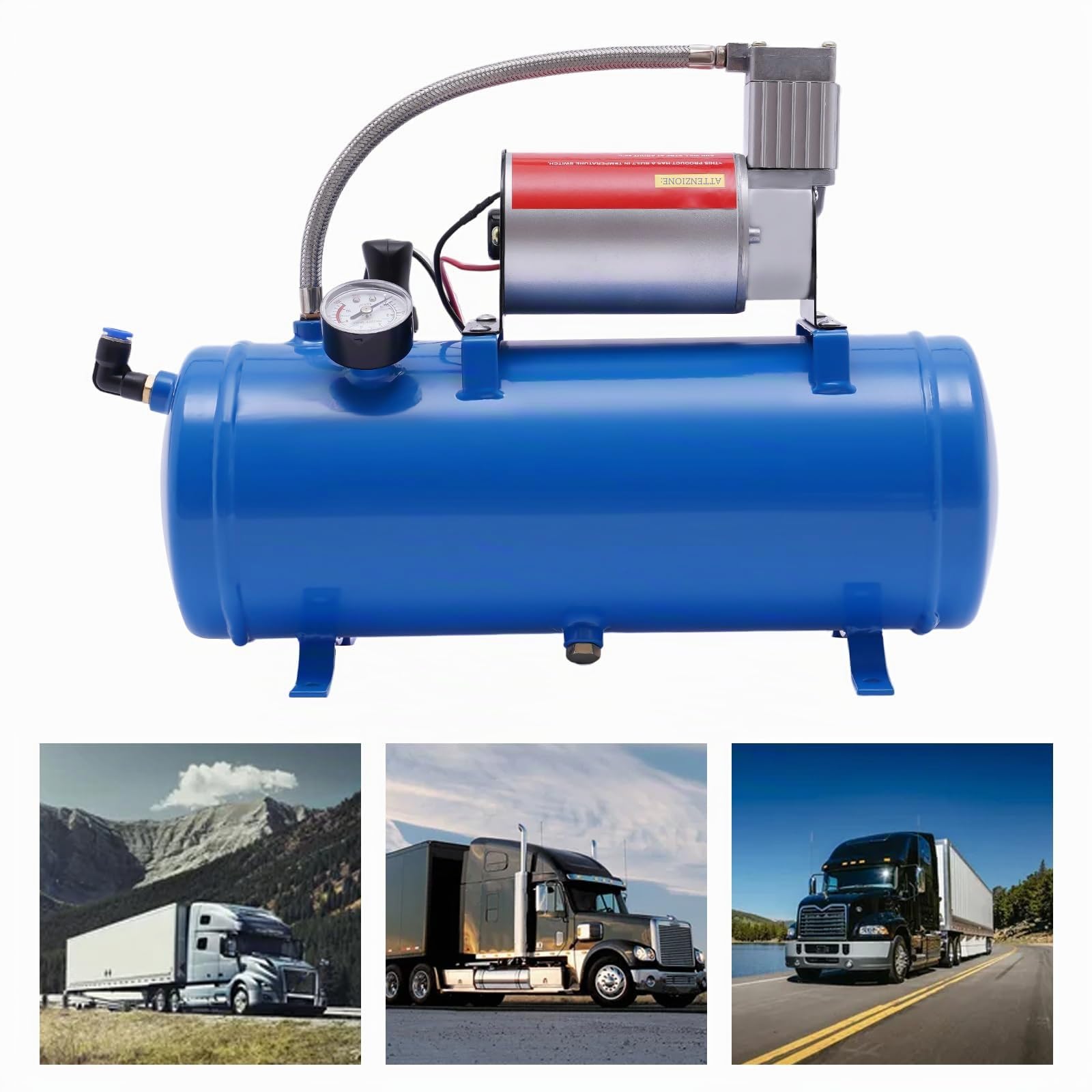 Compressore d'aria compressa da 12 V, silenzioso, 150 psi, con capacità serbatoio 6 l/1,6 Gal e manometro max. 8 bar, compressore d'aria con tubo da 3,8 m, per pneumatici auto, motori automobilistici,