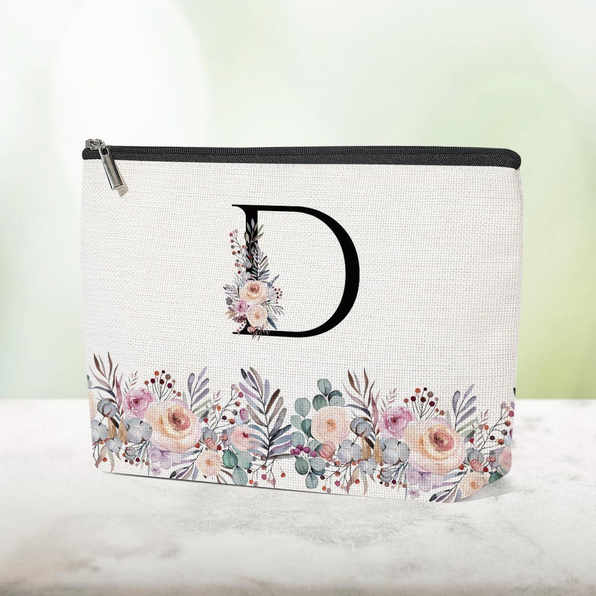 Floral Makeup Bag, Initial Letter D Cosmetic Bag, Birthday Gift for Women Sister Teacher, Zipper Travel Pouch Organizer-04