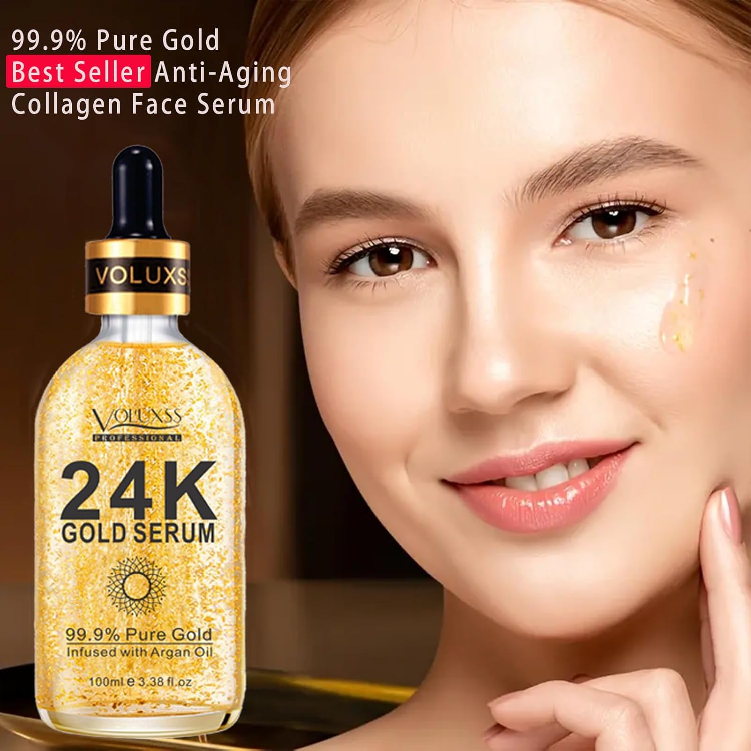 24K Gold Anti-Aging Face Serum 2Pack with Vitamin C & Hyaluronic Acid. Real 24k Gold Serum for face Boosts Collagen, Reduces Dark Spots & Fine Lines for Hydrated, Radiant Skin 6.76fl.oz