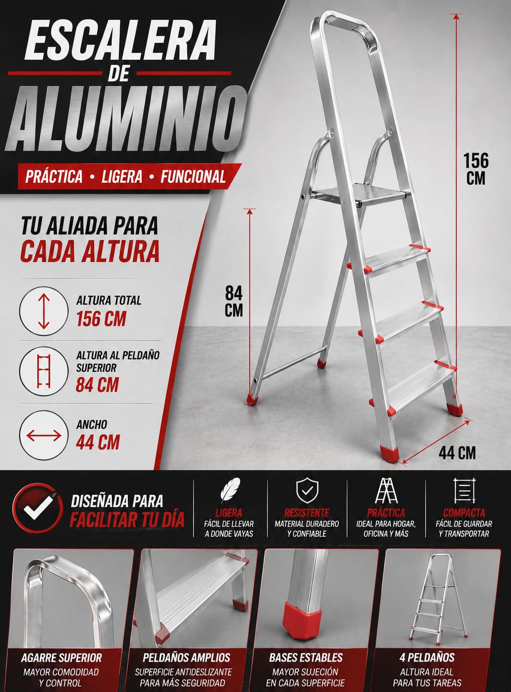 Escalera de Tijera Plegable, Escalera de Aluminio, Multiusos, Antideslizante, Ligera y Resistente, Escalera Doméstica, Fácil Transporte (4 peldaños)
