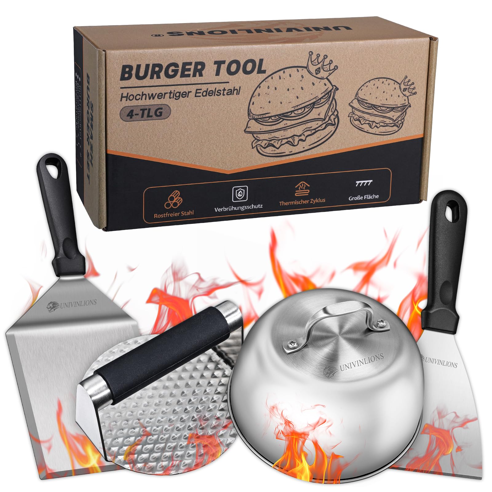 univinlions Set Smash Burger, pressa professionale per hamburger con pressa Smash Burger, campanello per hamburger, spatola grande per griglia e paletta