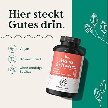 Nature Love® Organic Maca Capsules - 3000 mg Organic Black Maca per Daily Dose 180 Capsules with Natural Vitamin C No Additives such as Magnesium Stearate Certified Organic High-Dosage Vegan Made in Germany