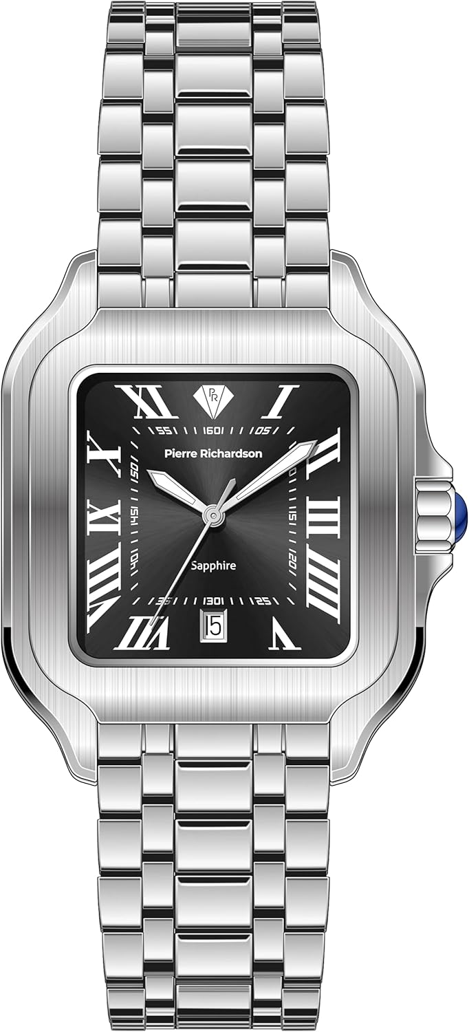 PIERRE RICHARDSON PR8711 Men's Watch - Silver Stainless Steel Japanese Quartz, 10ATM Water Resistant, Scratch-Resistant Sapphire Crystal Glass, Elegant Dress Watch for Men, Reloj para Hombres