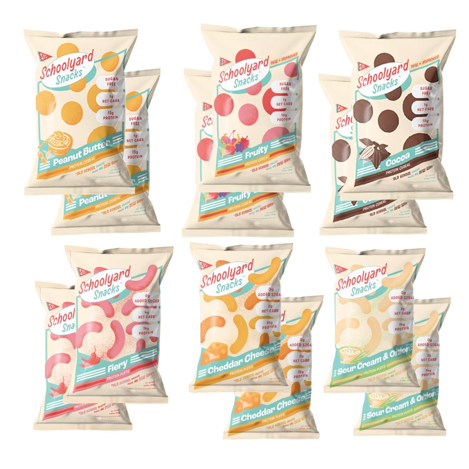 Schoolyard Keto Snacks - Protein Puffs, Cereal, Low Carb, Low Sugar - Gluten Free, Healthy & Diabetic Friendly, High Protein, Low Calorie snacks for Kids & Adults, USA Made, 12 Variety Pack