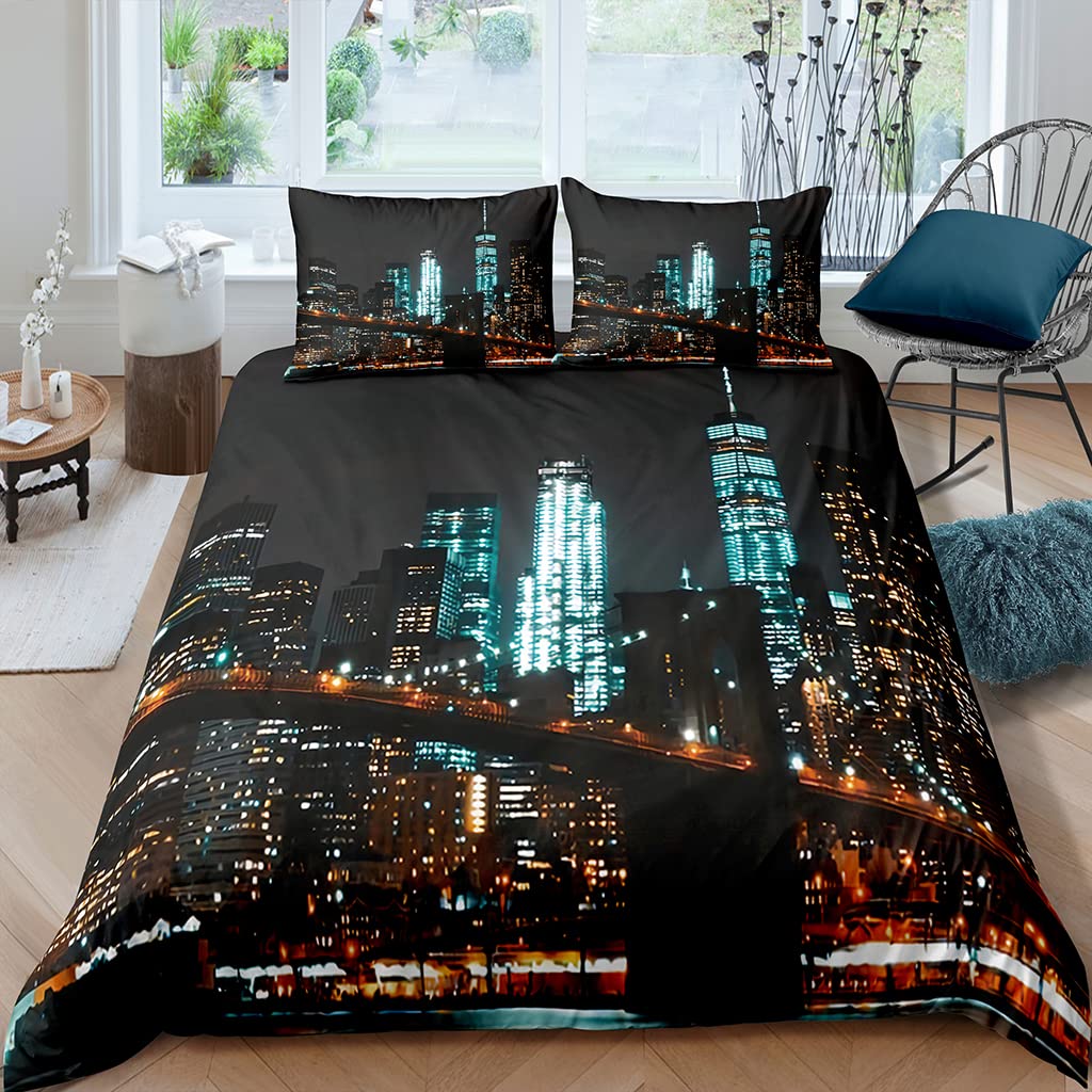 XPINGO New York Duvet Cover 220x230 cm 3 Pieces Soft Easy Care Microfiber Bedding Set with Zipper Closure 3D Printed City View Quilt Cover with 2 Pillowcases 50x75 cm，King Size