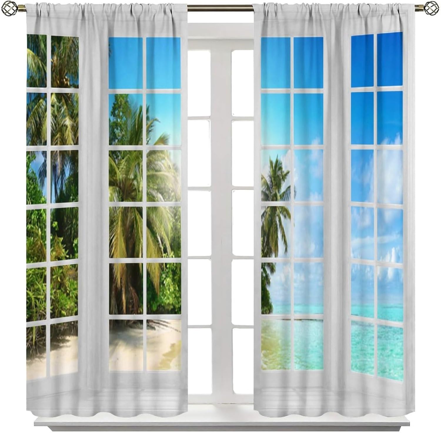 Open Window Tropical Landscape Curtains - Modern Wooden Natural Scenery Summer Beach Palm Trees Window Curtain Blackout Curtains Thermal Insulated Rod Pocket Curtains 2 Panels 45" L x 21" W
