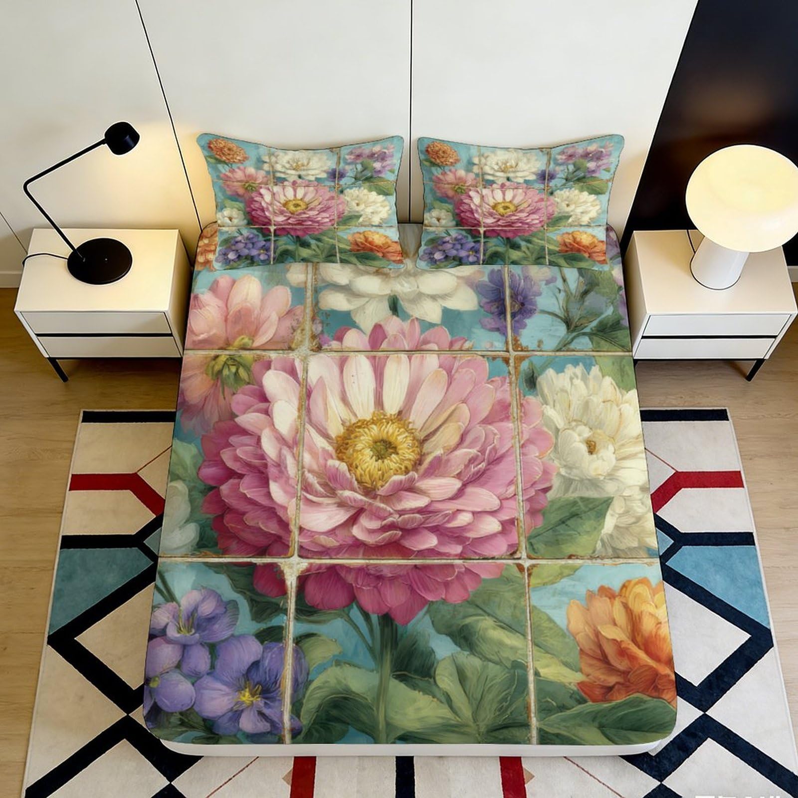 3D Printed Floral Garden Fitted Sheet Microfiber Soft Breathable Botanical Blossom Mattress Cover for Bedroom Decor 90x200x25cm