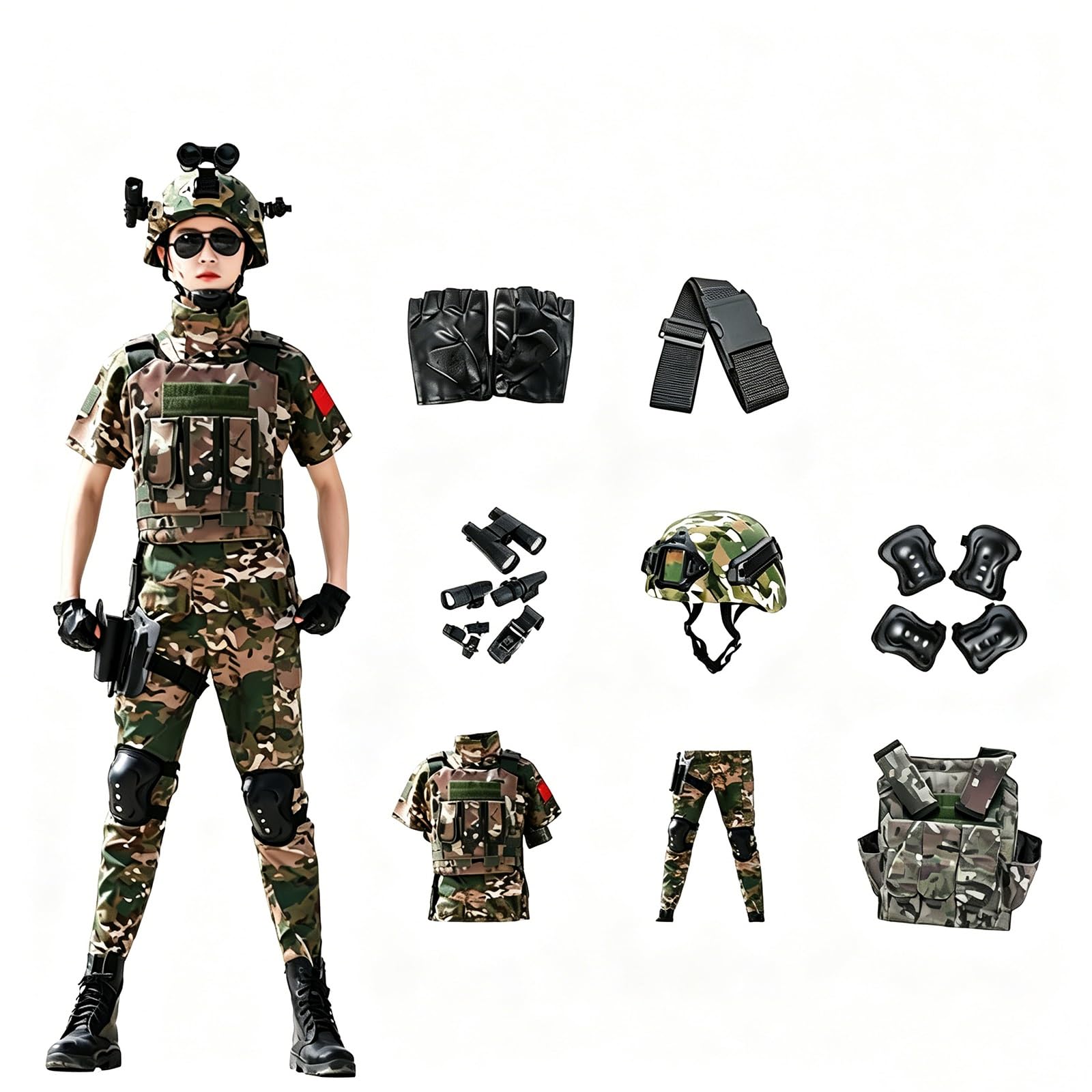 Kinder Militär Kostüm Set Soldat Armee Rollenspiel Outfit mit Zubehör, Halloween und Geburtstags Geschenk Verkleidungsset