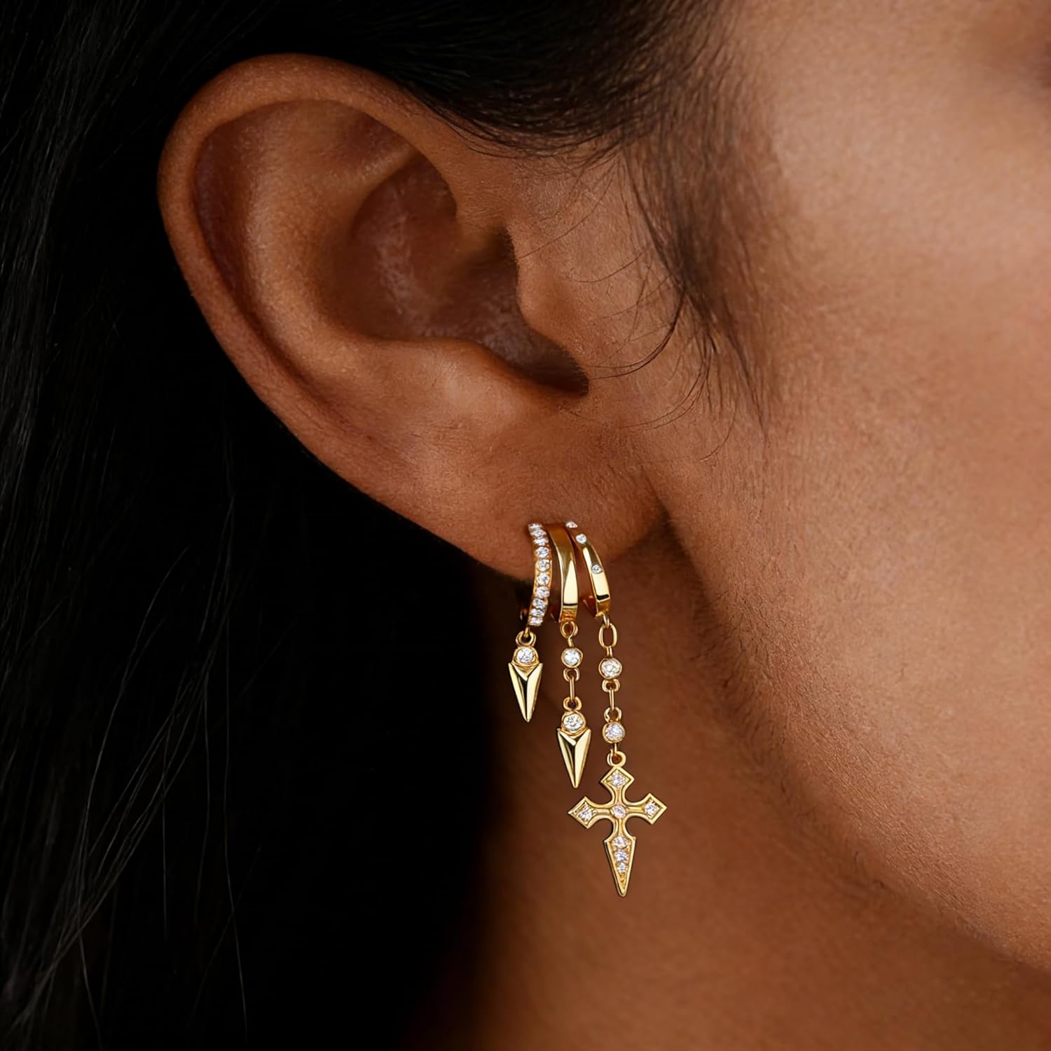 Gold Dangle Earrings for Women, 14k Gold Plated Stacked Triple Hoop Illusion Earrings Cubic Zirconia Huggie Earrings for Women Trendy - Image 3