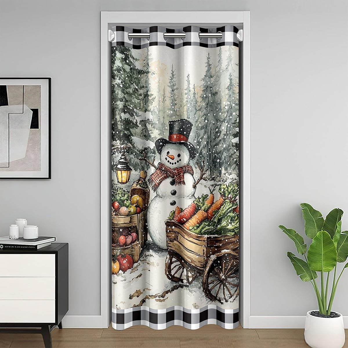 Christmas Cabin Doorway Curtain 60" W X 80" L Cartoon Rustic Farmhouse Winter Snow Door Curtain Privacy for Kids Teens Adults Colorful Retro Flowers Purple Sky Door Drape for Bedroom Closet Door