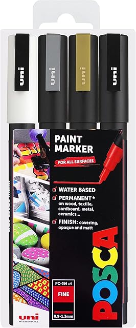 Posca PC-3M Paint Marker Art Pens - 0.9-1.3mm  Black, White, Gold, Silver - Set of 4 Pens in Wallet