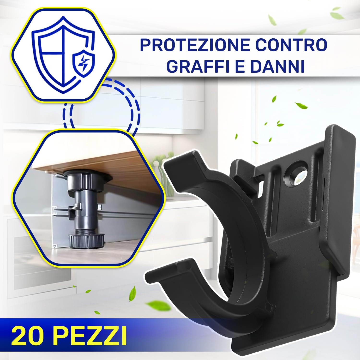 20 Pezzi Ganci per Zoccolo Cucina Universale 30x34 mm per Piedini per Mobili Regolabili - Realizzato in Robusta Plastica Colore Nero - Garanzia di 10 Anni - MONTERAL