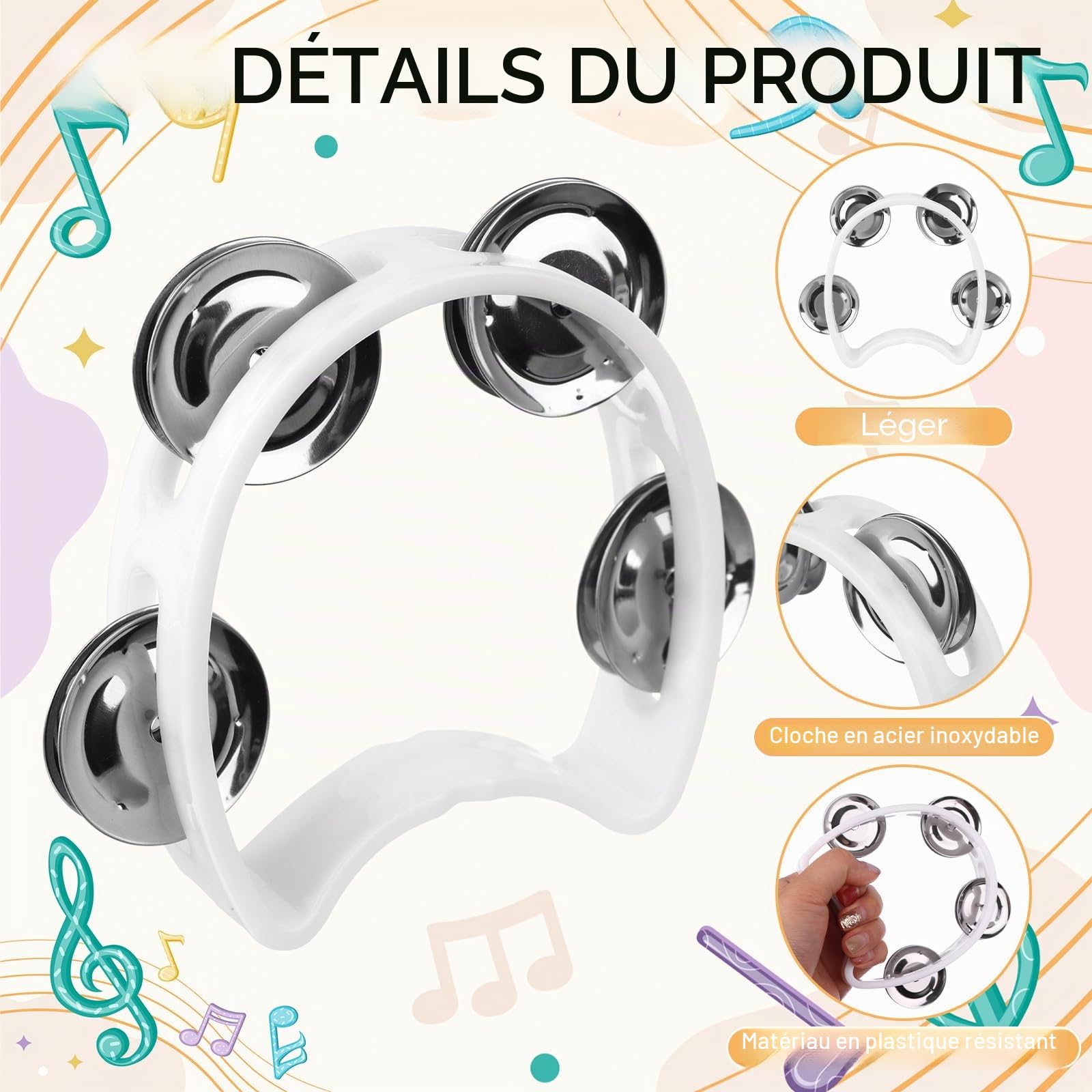 14 tambourins en plastique blanc en forme de demi-lune, avec 4 cloches, instrument à percussion pour adultes et enfants