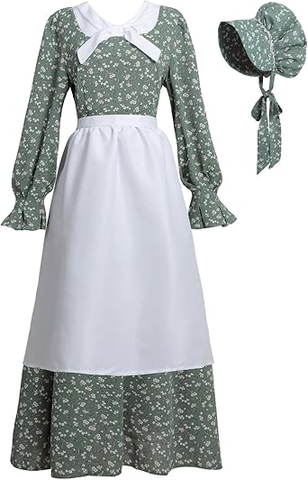 CR ROLECOS Pioneer Prairie Dress Women Colonial Bonnet Apron Set | Colonial pilgrim pioneer prairie dress with bonnet & apron, 1800s Amish floral 3-piece set for trek events