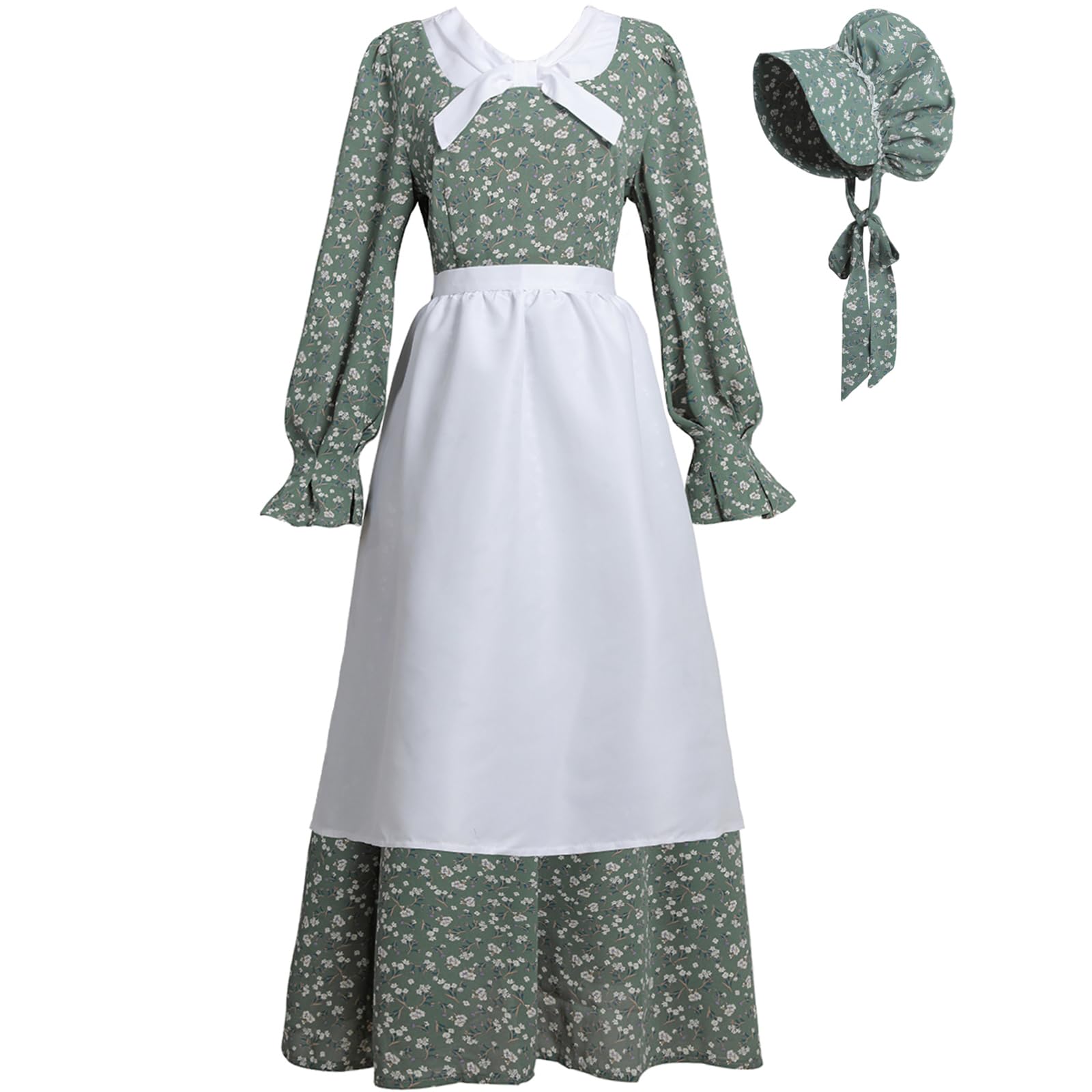 Photo 1 of CR ROLECOS Pioneer Prairie Dress Women Colonial Pilgrim Costume 1800s Civil War Amish Historical Old Fashioned Floral Dresses with Bonnet Apron 3 Piece Set for Pioneer Trek Events, Green XXL